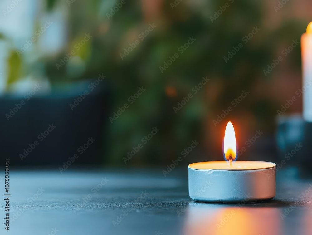 Leinwandbilder Elegant lit candle resting on a tastefully arranged table setting creating a warm and inviting atmosphere
