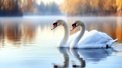 Fototapeta premium In the early morning light, two swans glide peacefully on a tranquil lake, their heads intertwined in a beautiful embrace