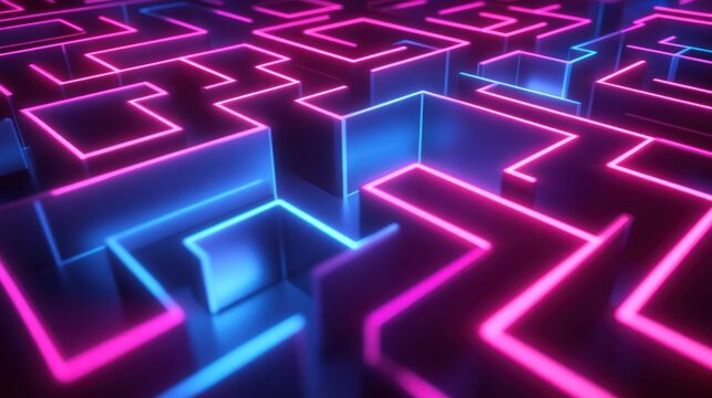 A geometric abstract illustration of a glowing neon maze pattern