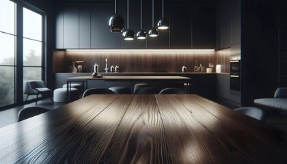 Dark walnut wood table with soft reflections, blurred modern kitchen in the background.