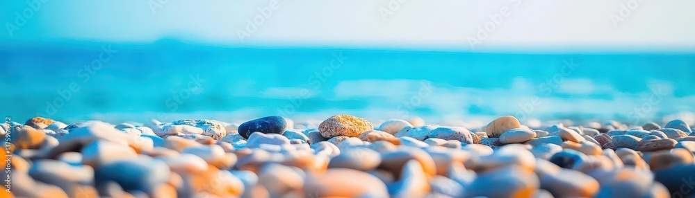 Poster scenic beach composed of pebbles and shells with gentle waves rolling in under a bright blue sky
