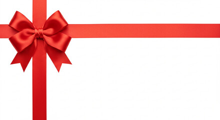 Red Ribbon Bow with Straight and Vertical Ribbons for Birthday or Christmas Banner Border on white Background
