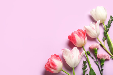 Obraz premium Beautiful tulips with carnation flowers and eucalyptus branches on lilac background. Mother's Day celebration