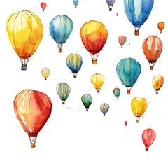 Naklejka premium Watercolor Painting of Colorful Hot Air Balloons Ascending. A whimsical illustration perfect for travel, adventure, or children's themes.