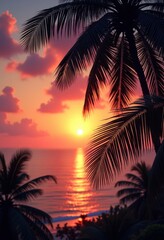 Fototapeta premium sunset silhouette palm leaves colorful sky tropical nature landscape, clouds, dusk, vibrant, flora, scenery, exotic, atmosphere, gradient, shade, outline