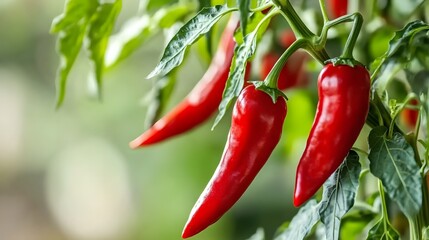Vibrant Red Chili Peppers on Plant Closeup