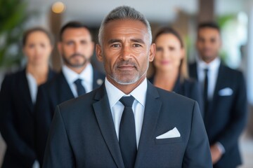 Professional business team posing confidently in modern office  