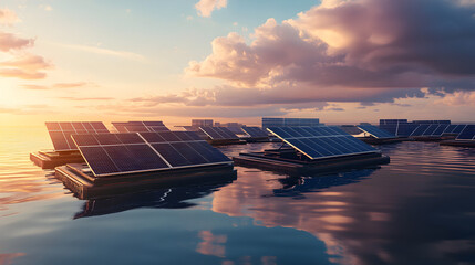 installed on floating platforms in a large body of water reflecting the sky 