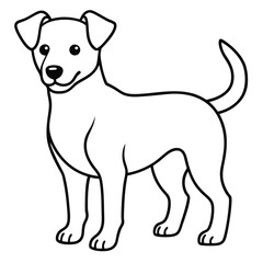 Vector illustration of a white cartoon dog silhouette with various animals like cat, horse, cow, bull, and wolf in the background, depicting a farm and nature scene