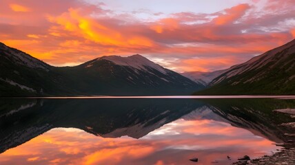 Tranquil Lake Reflecting Vibrant Sunset and Snow-Capped Mountains