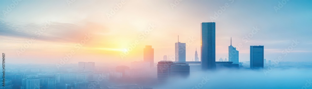 Aufkleber Mysterious cityscape shrouded in fog with blurred buildings creating an enigmatic and atmospheric scene