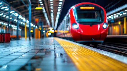 Fototapeta premium Train station scene with an arriving train depicting travel and transportation in a bustling urban environment