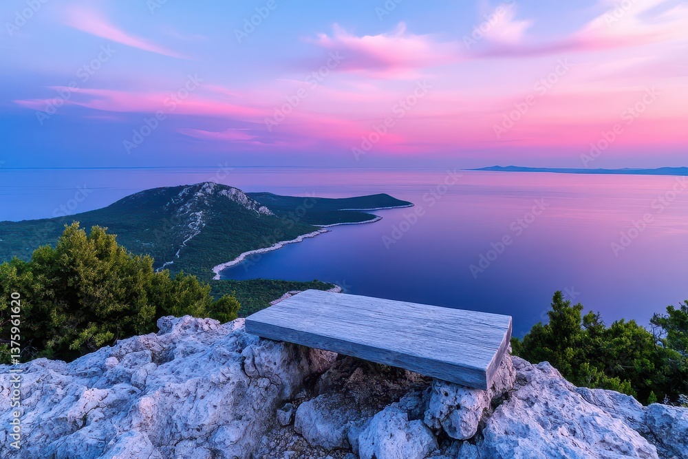 Poster scenic bench positioned on a cliff overlooking the vast sea with breathtaking views and a sense of t