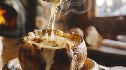 Classic French Onion Soup: Melting Gruyère Cheese over Caramelized Onions, Wood-Fired Aroma in Rustic Pot