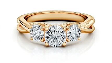 Beautiful three-stone engagement ring featuring round diamonds set in yellow gold with nature-inspired vine design