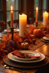 Naklejka premium cozy thanksgiving table setup warm ambiance rustic decor candles centerpiece autumn elements, decorations, leaves, harvest, fruits, napkins, dinner, plates