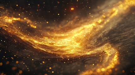 Abstract golden particles swirling gracefully through a dark space background