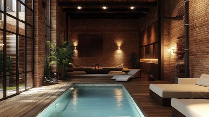 An indoor swimming pool and relaxation area with ambient lighting