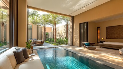 A luxurious bedroom suite featuring an outdoor pool and greenery