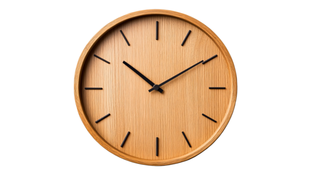 Wooden clock showing time, minimalist style design element, cut out transparent