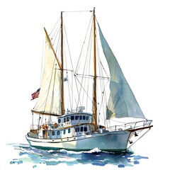 Fototapeta premium Classic Sailboat with American Flag at Sea A Watercolor Painting of a Luxurious Yacht.
