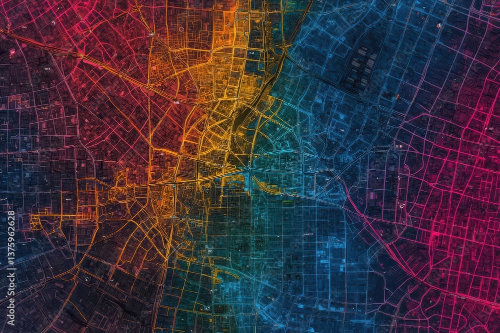 Poster Detailed city map featuring colorful lines and routes indicating various locations and pathways for navigation and exploration