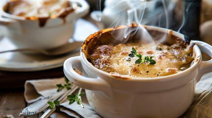 Classic French Onion Soup: Melting Gruyère Cheese over Caramelized Onions, Wood-Fired Aroma in Rustic Pot
