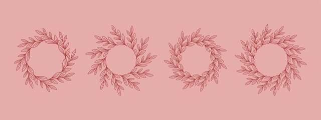 Simple flower circle frame set. Hand drawn red round line border, leaves and flowers, wedding invitation and cards, logo design and posters template. Elegant minimal style floral vector isolated set