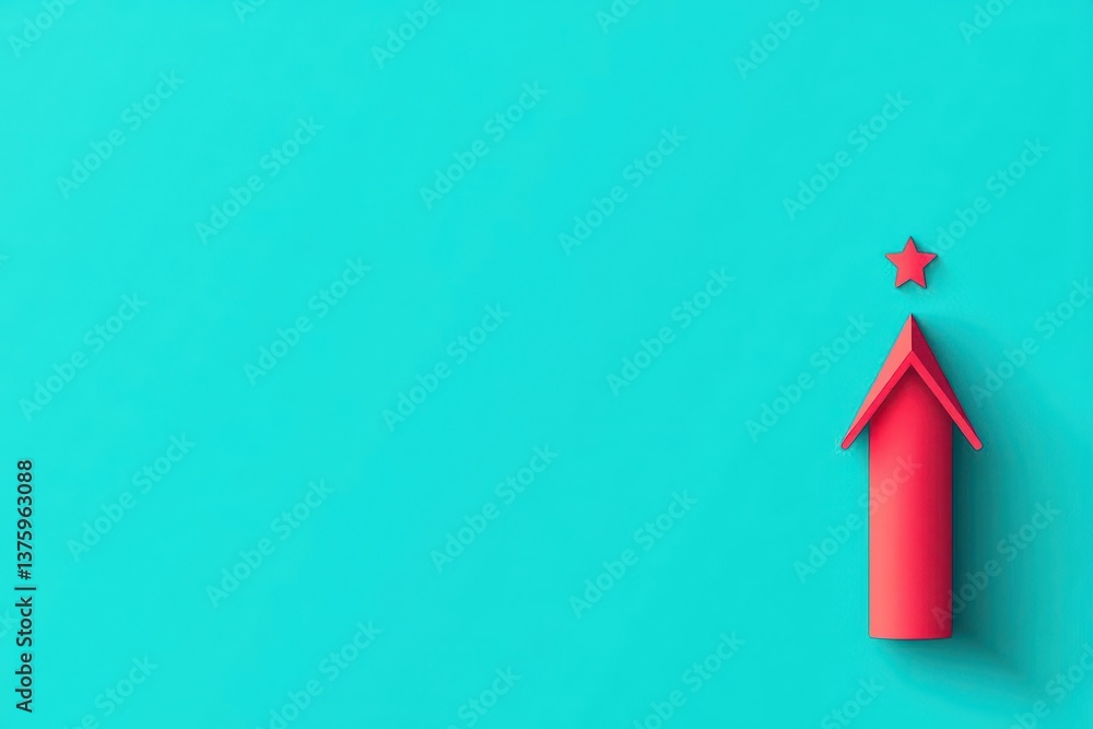 Poster A charming red paper house set against a bright turquoise background creating a playful and whimsical atmosphere