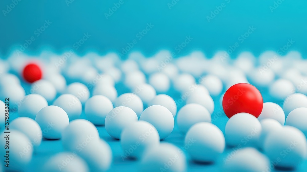 Poster bright red ball nestled amongst a cluster of white balls, creating a striking visual contrast and pl