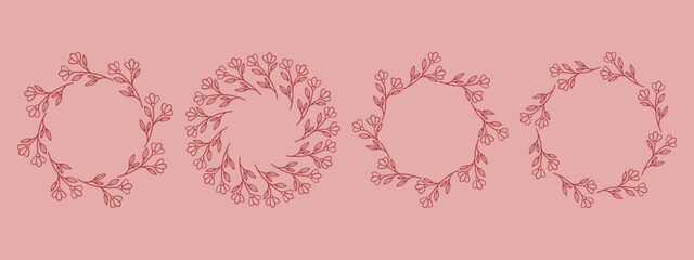 Simple flower circle frame set. Hand drawn red round line border, leaves and flowers, wedding invitation and cards, logo design and posters template. Elegant minimal style floral vector isolated set