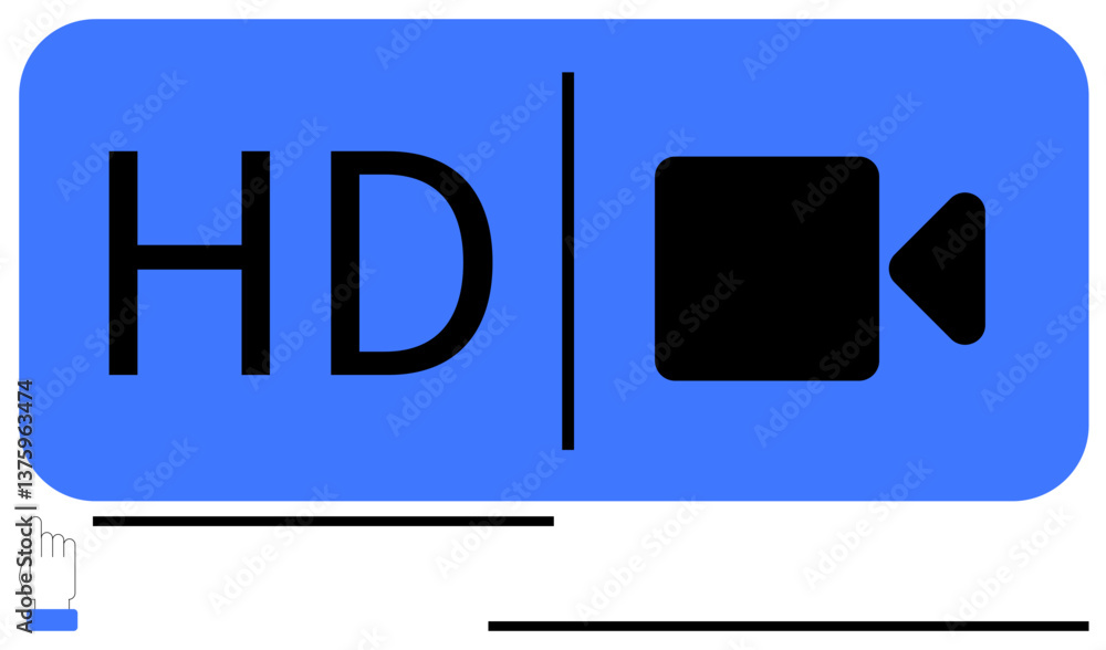 Poster hd text alongside a video camera icon in a blue frame with a cursor pointing below. ideal for video 
