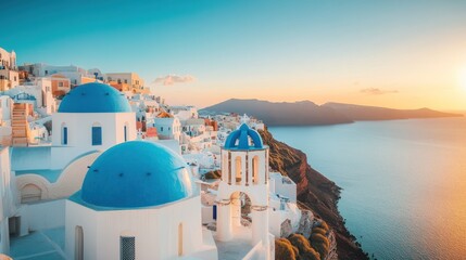 Picturesque Oia Village in Santorini at Sunset with Blue Domed Churches