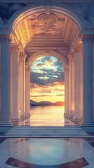 Elegant marble columns with golden sunrise light high resolution photo