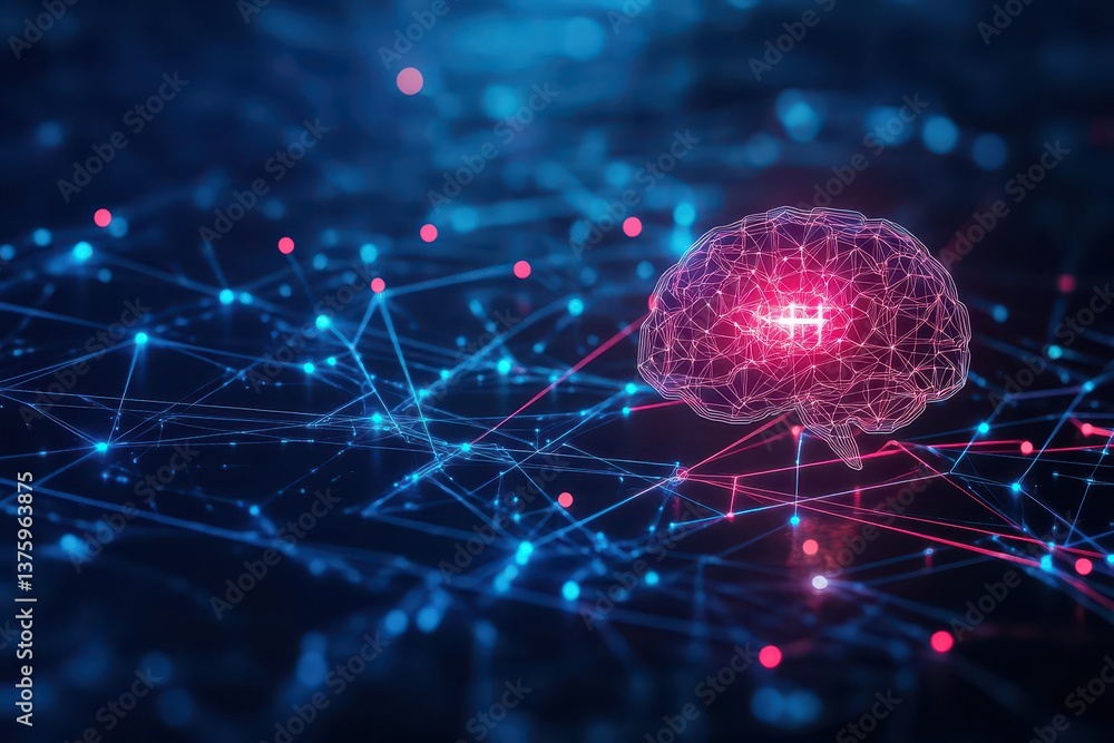 Poster brain with red light emanating from it symbolizing creativity, intelligence, and innovative ideas in