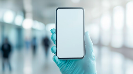 Empty phone screen in lab or hospital corridor held by glove
