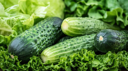 Obraz premium Fresh cucumbers and lettuce create vibrant display of healthy vegetables, perfect for salads and dishes