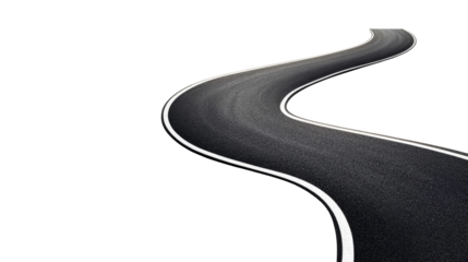 Curvy Asphalt Road with White Lines on Black, cut out transparent