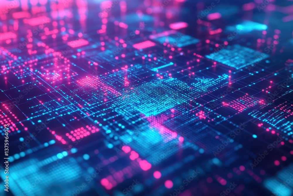 Poster circuit board featuring vibrant pink and blue lights creating a futuristic aesthetic in digital tech