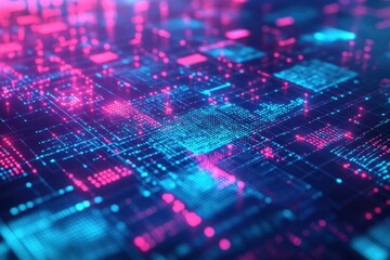 Circuit board featuring vibrant pink and blue lights creating a futuristic aesthetic in digital technology