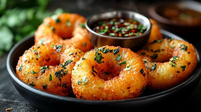 Delicious looking medu vada, a south Indian delicacy snack and meal with sambar in a black plate.  Plate with medu vada and sambhar rotate . Indian cuisine. Indian vegetarian food. Asian Cuisine