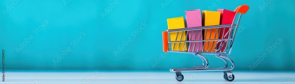 Poster shopping cart overflowing with colorful books representing knowledge and imagination in a fun and pl