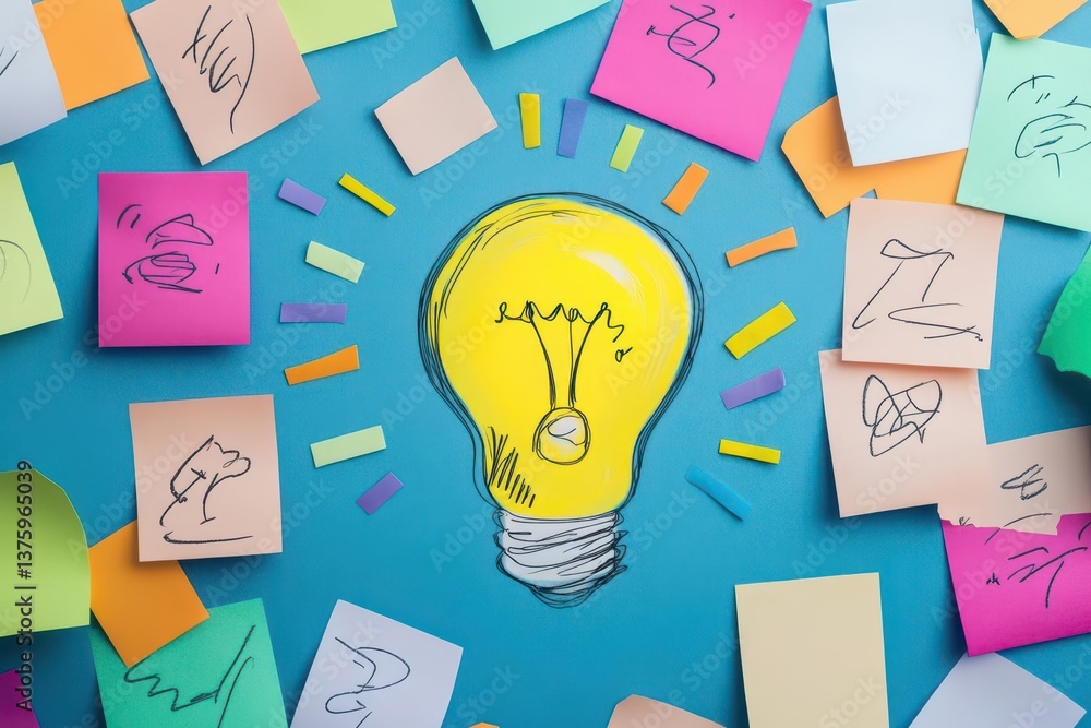 Poster Light bulb surrounded by colorful sticky notes representing ideas and brainstorming in an office or creative workspace