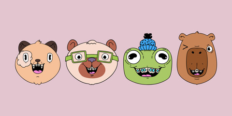 Cute cat, bear, capybara and frog with braces. Healthy teeth. Trendy vector illustration.