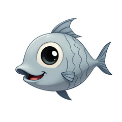 Fototapeta premium Cartoon Fish Illustration, Gray, Smiling, Big Eyes, Transparent Background