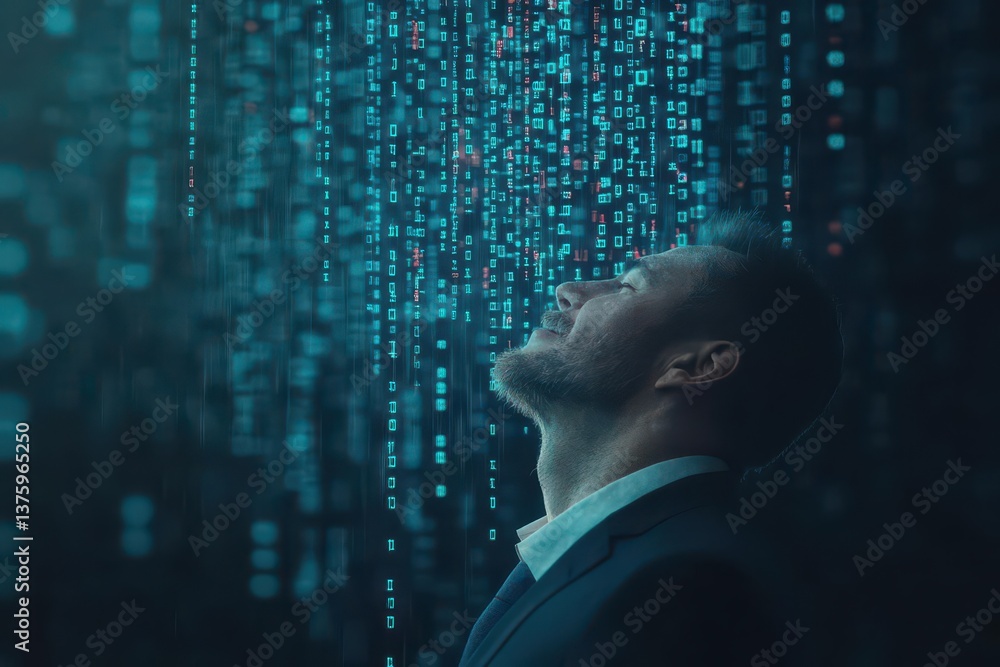 Poster A man gazing upwards at a display of digital binary code representing the intersection of humanity and technology
