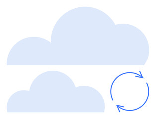 Two overlapping blue clouds accompanied by circular blue arrows. Ideal for cloud computing, storage, data sharing, digital transformation, networking, updates, technology processes. Flat simple