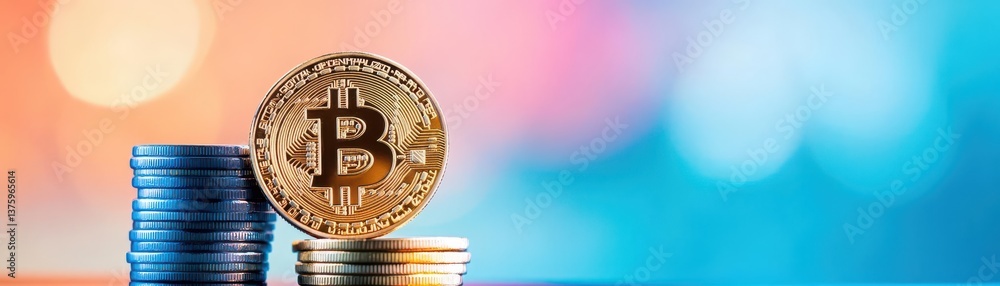 Aufkleber a stack of coins with a prominent bitcoin positioned at the top symbolizing wealth and digital curre