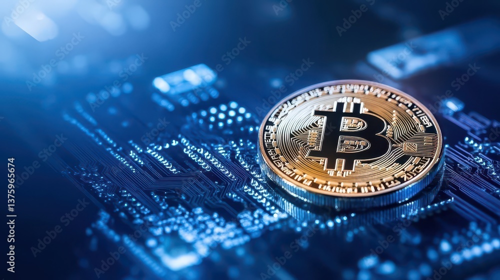 Poster A bitcoin coin resting on a circuit board representing the intersection of cryptocurrency and modern technology innovations
