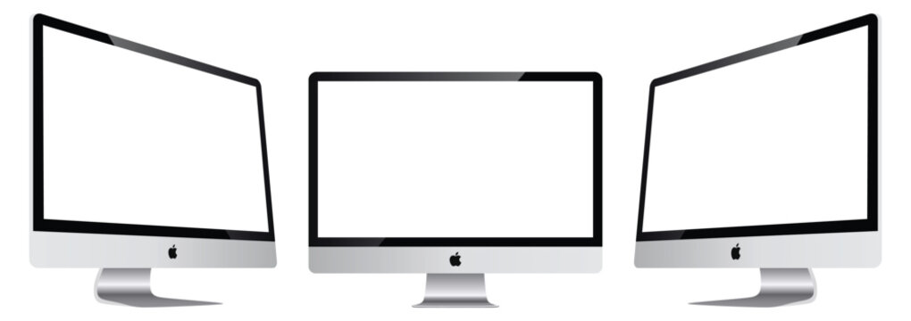 Realistic Apple Mac iMac computer vector illustration set collection. Monitor screen on transparent background. Editorial vector